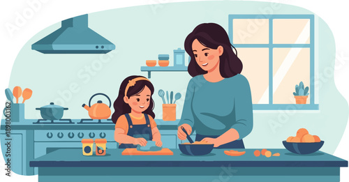Mother and daughter cooking together in a brightly lit kitchen