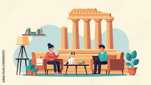 People relaxing indoors with ancient architectural backdrop