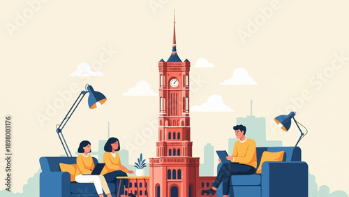 People on couches in front of a tall clock tower