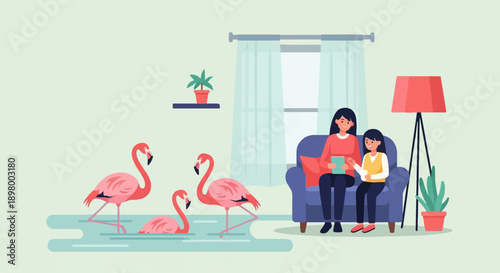 Mother and daughter on sofa with flamingos by water and a lamp