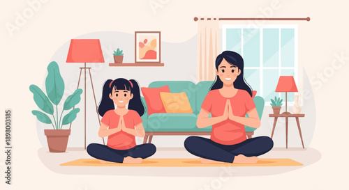 Mother and daughter meditating together at home on yoga mats