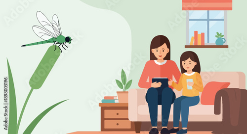 Woman and child relax indoors with a tablet and phone while a dragonfly rests on a plant