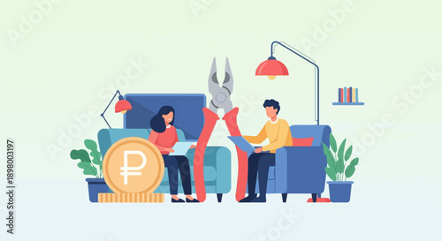 People on couches, coin, and tools in room