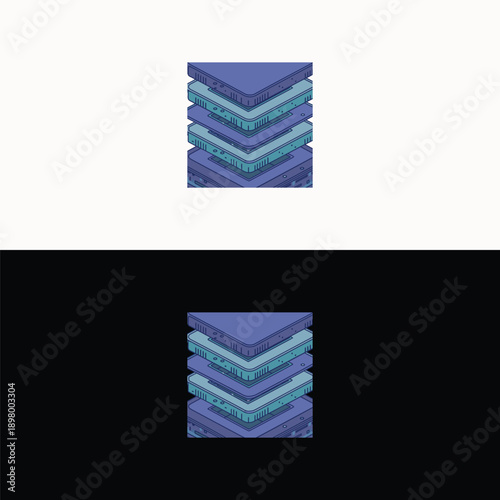 A vibrant pixelated isometric illustration of multiple stacked, textured layers in shades of blue and purple, representing complex data architecture.
