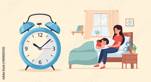 Mother watches sleeping child, alarm clock emphasizes importance of time