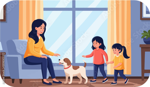 Mother with her two daughters and a dog in a cozy living room