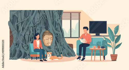 People relax in a room with ancient tree roots and a Buddha head sculpture