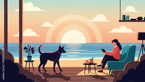 Woman and dog relax by ocean at sunset
