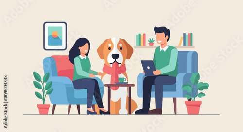 People and dog in comfortable room, one person uses laptop