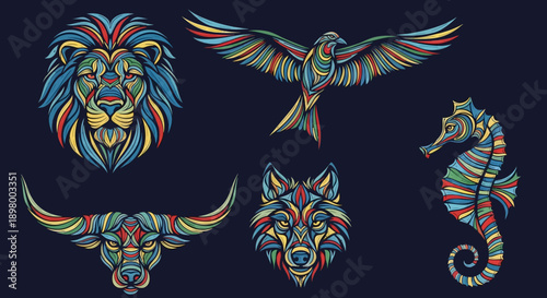 Vibrant illustrations of a lion, bull, wolf, eagle, and seahorse with colorful patterns on a dark background.