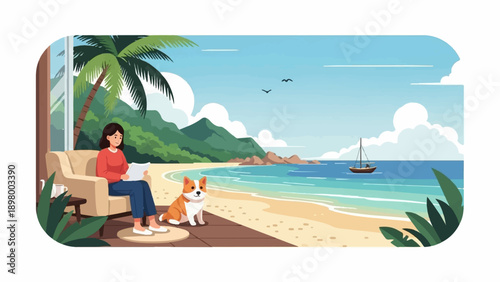 Woman and dog relaxing on couch overlooking tropical beach and ocean