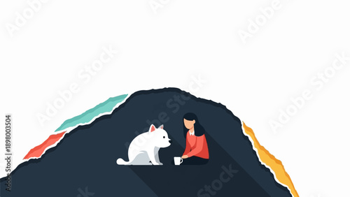 Woman and white dog sharing a quiet moment with a mug