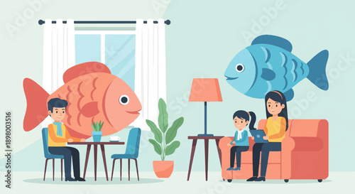 Whimsical indoor scene with oversized fish and a family enjoying leisure time