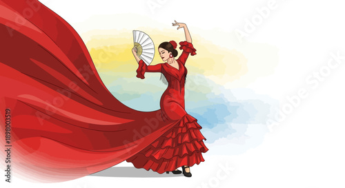 Illustration of a flamenco dancer in a flowing red dress holding a fan against a colorful background.