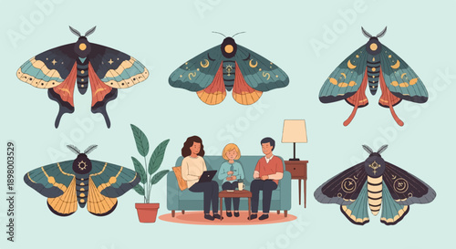 Whimsical moths surround a family enjoying a cozy living room setting