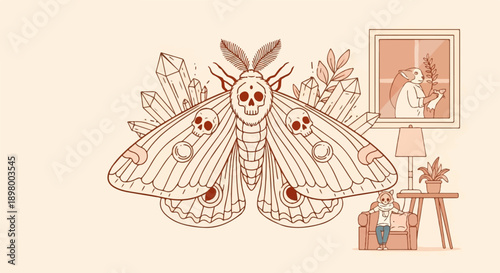 Whimsical moth with skull markings and surreal room scene featuring animals