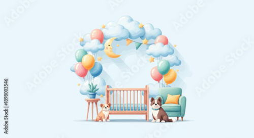 Whimsical nursery scene with two dogs, a crib, balloons, and celestial decor