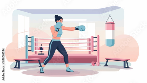 Woman in boxing gym practicing punches with punching bag nearby