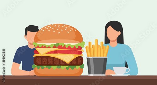 People enjoying a giant burger, fries, and coffee at a table