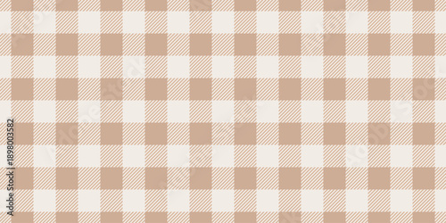 Beige gingham fabric seamless pattern. Cute check plaid. Picnic kitchen tablecloth texture. Gingham square vintage texture. Vector illustration isolated on white background.