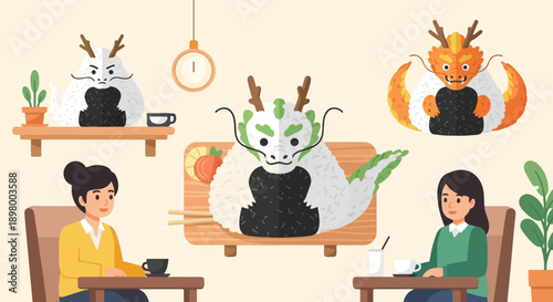 Whimsical rice dragon figures and people enjoy refreshments in a cafe