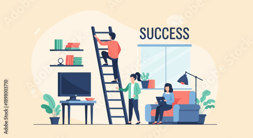 People climbing ladder towards success in a room with furniture and books