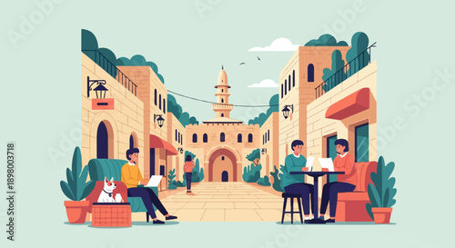 People relax in a sunlit plaza with ancient architecture and a prominent tower