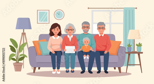 Multi-generational family sitting on a couch in a living room