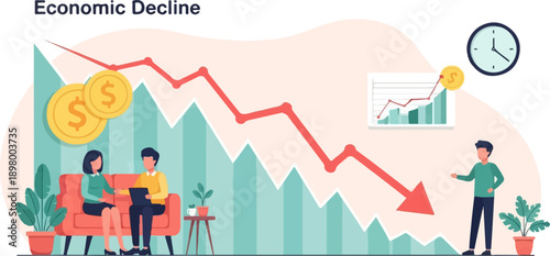 People observing economic decline with charts, coins, and clock