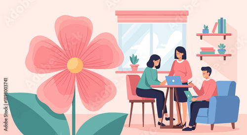 People collaborate around a table with a large flower in the foreground