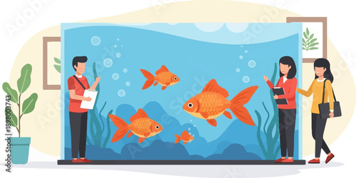 People observing goldfish in a large aquarium with underwater plants