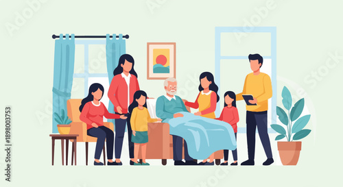 Multi-generational family surrounds elderly man in bed, showing care and unity