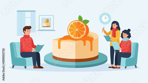 People observing a large cake with orange topping in a minimalist setting