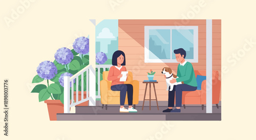 People relaxing on porch with dog and flowers