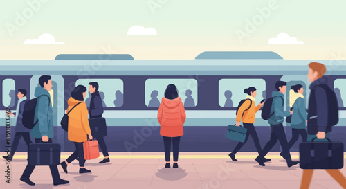 People waiting for a train at a station, some carrying bags