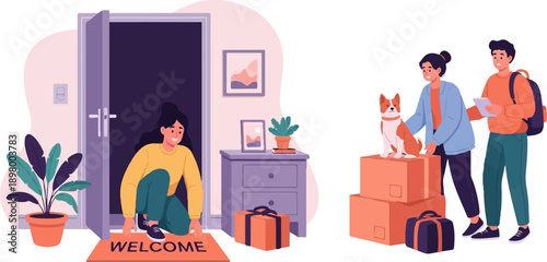 People moving, a woman at the door, a couple with dog and boxes