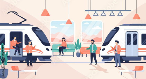 People waiting on train platform, with trains on either side