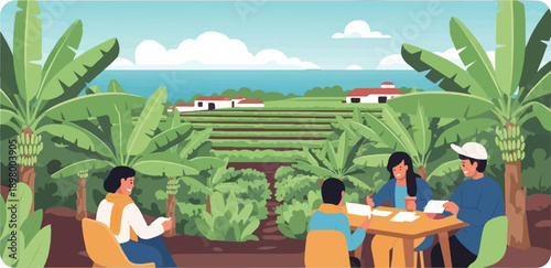 People meeting at a table amidst banana trees on a farm near the ocean