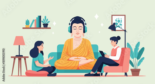 People meditating with Buddha figure listening to music in room