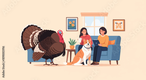 People relaxing with dog and turkey in a cozy living room