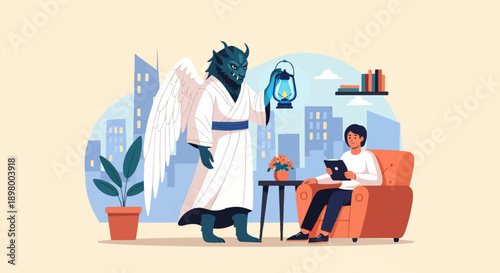 Mythical creature with wings and lantern meets person on couch