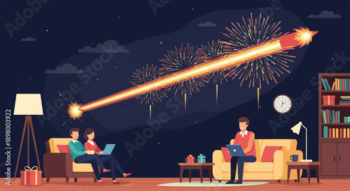 People watch fireworks from home, lit by lamps, with laptops