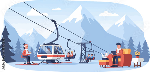 People enjoying a ski resort with chairlifts, snow, and mountains