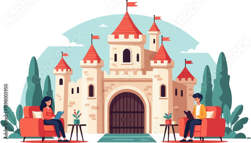 People relax in chairs before a grand castle, surrounded by trees