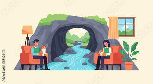 Peaceful scene of people and pets relaxing indoors with nature view