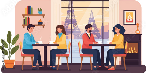 People enjoying coffee indoors with a famous Parisian landmark visible outside