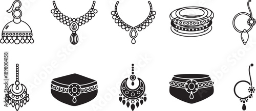 Assorted jewelry designs including necklaces, earrings, and rings isolated on white background, illustration