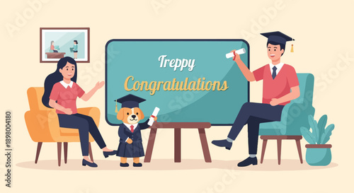 People and dog in graduation attire celebrate a milestone together