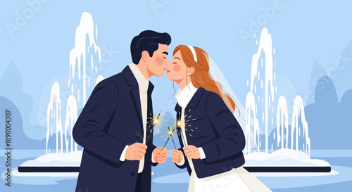 Newlyweds kiss by a fountain, holding sparklers at a celebration