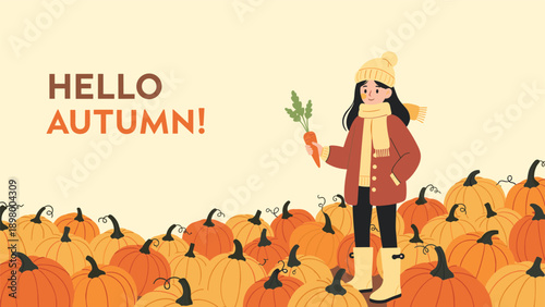 Hello autumn greeting card featuring a girl holding a carrot standing in a large field filled with orange pumpkins.